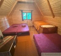 Attic room in a cabin with wooden walls and three beds.
