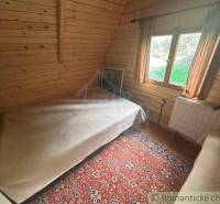Wooden interior of the cabin with a sleeping room, two beds, and an oriental carpet.