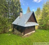 A cottage in the forest near Kokava nad Rimavicou, surrounded by greenery and trees.