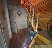 The interior of a cabin with a wooden staircase, carpet, and vacuum cleaner.