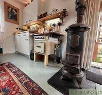 The interior of a cottage with a stove, kitchen unit, and colorful carpet.