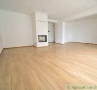 A spacious room with a wooden floor and a fireplace in a family house.