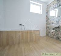 A bathroom in a family house with a bathtub and a sink, light tiles, plant-patterned tiles.