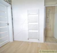 A bathroom in a family house with sliding doors, a shower corner, and a radiator.