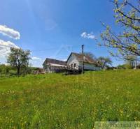 A cottage in Podkriváni surrounded by a green meadow and trees under a blue sky.