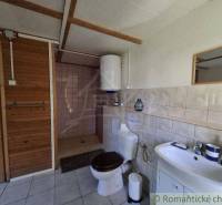 Bathroom in a cabin with a shower, sink, and toilet in wooden paneling.