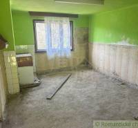 An empty interior in a family house with a view through the window, green walls, dirty floor.