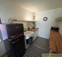A kitchen with a refrigerator, wooden counters, and a decorative rug in a family house.