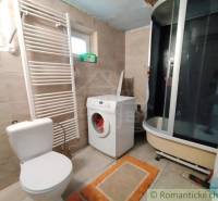 Bathroom with a washing machine and shower, part of a family house, equipment includes a toilet and a ladder radiator.