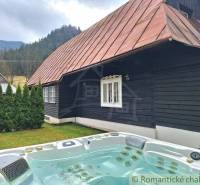 A cottage with a tin roof and a family hot tub in the garden, surrounded by forest and mountains.