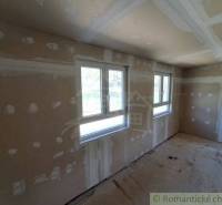 Unfurnished room and windows in a cottage under renovation with a view of the garden.