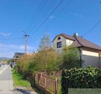 A family house with a brown roof and fence, an adjacent street lined with greenery and trees.