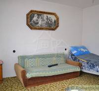 The interior of a family house with a sofa, bed, and historical painting on a white wall.