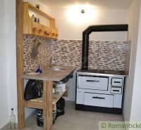 A small kitchen with a stove and wooden cabinets in a family house.
