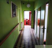 Green hallway in a family house with tiles and doors on the sides.