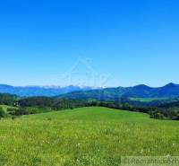 A vast green meadow in a rural landscape, surrounded by mountains and a clear blue sky.