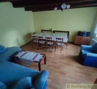 Living room with wooden ceilings, a blue sofa, a dining table, and yellow walls in a family house.