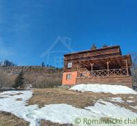 A wooden cottage and a family house by a snowy meadow, surrounded by nature, mountains in the distance.