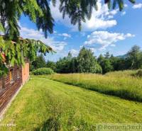 A family house next to a blooming meadow with a view of trees and a blue sky.