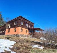 A large family house surrounded by nature, snow, clear skies, and trees.