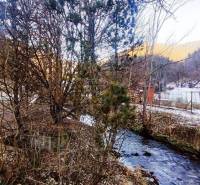 A stream flowing by houses in the mountains, surrounded by trees, winter in nature.