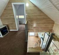 Attic and cabin with wooden paneling, staircase, carpet, modern decorations.