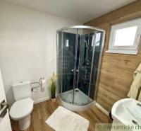 A bathroom with wooden paneling and a shower in a cabin provides comfort and coziness.
