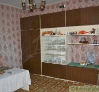 A retro living room with wallpaper, a wardrobe, a display cabinet, decorations, and a family house create a cozy interior.