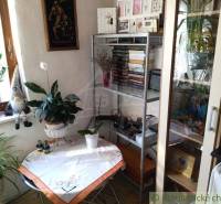 In the corner of the room, there are books on a shelf, flowers, and a family house decor.