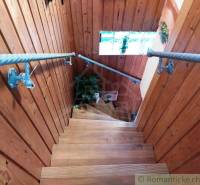 Wooden staircase with blue railing in a cozy family house, flowers on the windowsill.