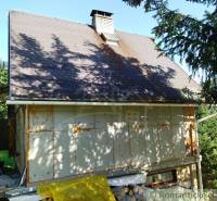 A family house with a sloped roof, surrounded by trees, with renovation work taking place nearby.