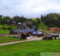 Cottages on a slope with greenery, forests, and a garden in a mountain village.