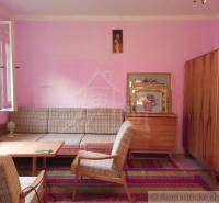 A family house with a retro living room, pink wall, old armchairs and paintings, cabinets.