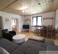 Living room in a cozy cabin with a wooden ceiling, sofa, and dining table.