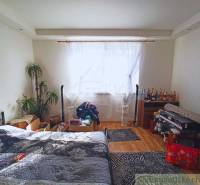 Bedroom in a family house, bed, plants, bottles, window with curtain, wooden floor.