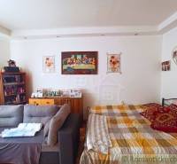 Interior of a family house, a cozy room with a sofa, bed, and decorations on the walls.