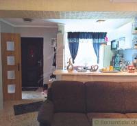 Living room with a sofa, kitchen, doors, and a family house with a cozy interior.