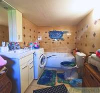 Bathroom and family house with a bathtub, washing machine, and blue decoration on the wall.