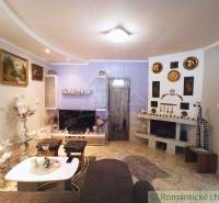 Living room in a family house with a fireplace, couch, decorations, and a television on a blue wall.