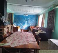 Spacious family house, cozy living room with a table and fireplace, decorated with natural wallpaper.