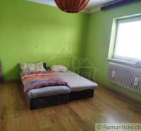The green room in the family house has a wooden floor and a simple bed.