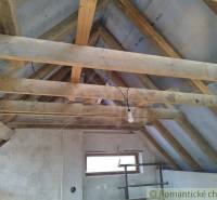 The roof of the cottage with wooden beams, exposed light bulb, rustic style.