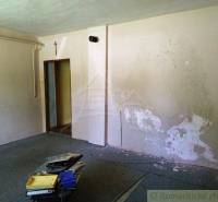 A room with peeling plaster, electrical devices, and a picture of a cottage on the wall.