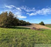A landscape with grass, trees, and farmland under a blue sky.