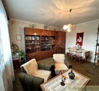 Living room with retro furniture, a sofa set, and a dining table in a family house.