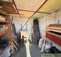 A garden shed with tools like a shovel and spade arranged on shelves and a table.
