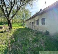 An old cottage in nature with grass and a tree in the background.