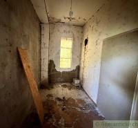 An abandoned room in a cabin, with damaged walls and floor, needs renovation.