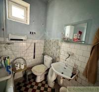 A bathroom with older fixtures, a toilet, and a sink in a family house.
