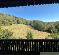 View from the porch of a family house onto a meadow and forest on a sunny day.